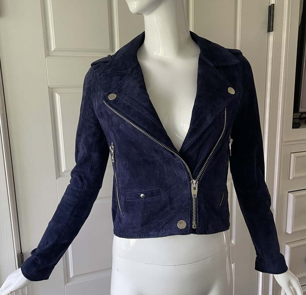SL8 Women's Blue Suede Leather Moto Biker Jacket Size XS